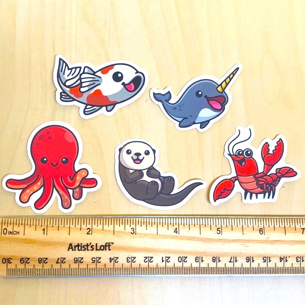 10/$10 or $1 BUNDLE: 5 WATERPROOF Water Creatures Stickers🐙 🦦 🦐
